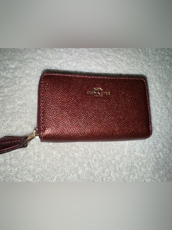 Coach Accessories - COACH Metallic Burgundy Zip Card Holder Mini Wallet with Gold Logo NWOT